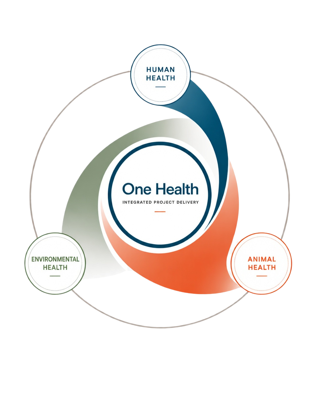 The One Health concept diagram showing human, animal, and environmental health interconnected as a single integrated system.
